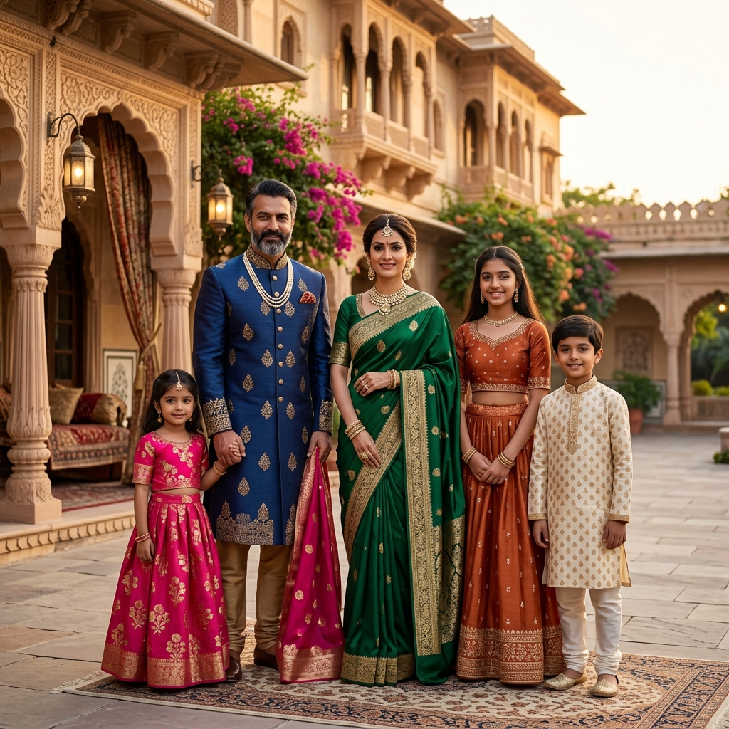 Beautiful family in pure silk heritage attire