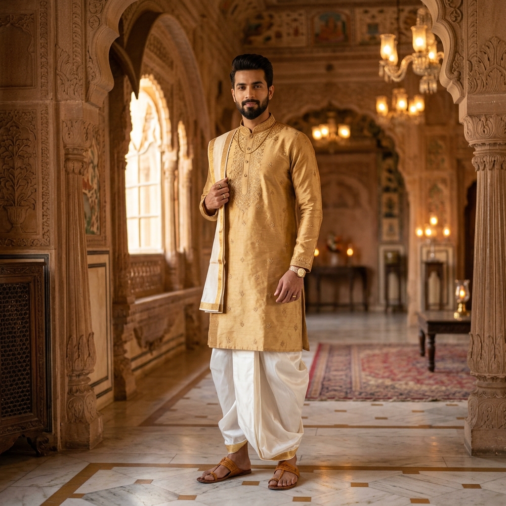 Handsome man in pure silk dhoti and gold kurta
