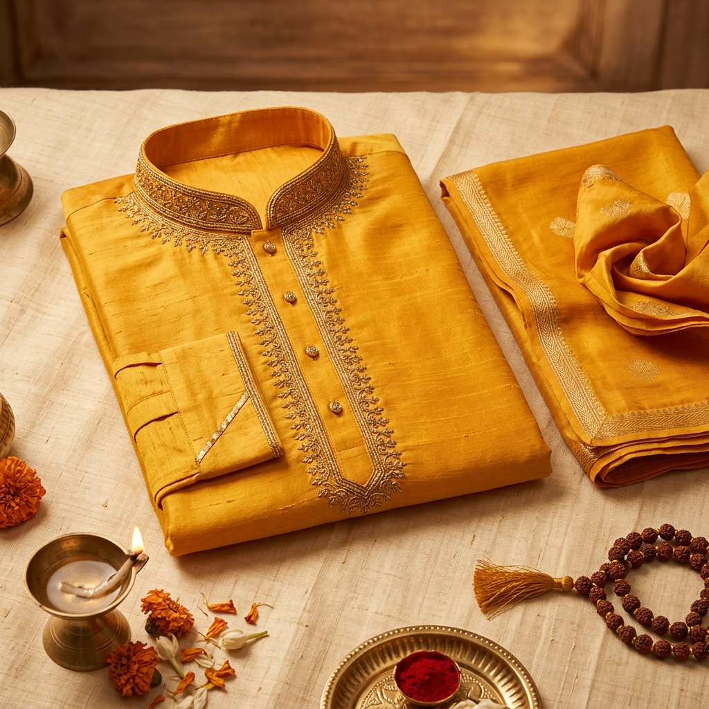 Varanasi Puja Kurta Set — Saffron Muga Silk