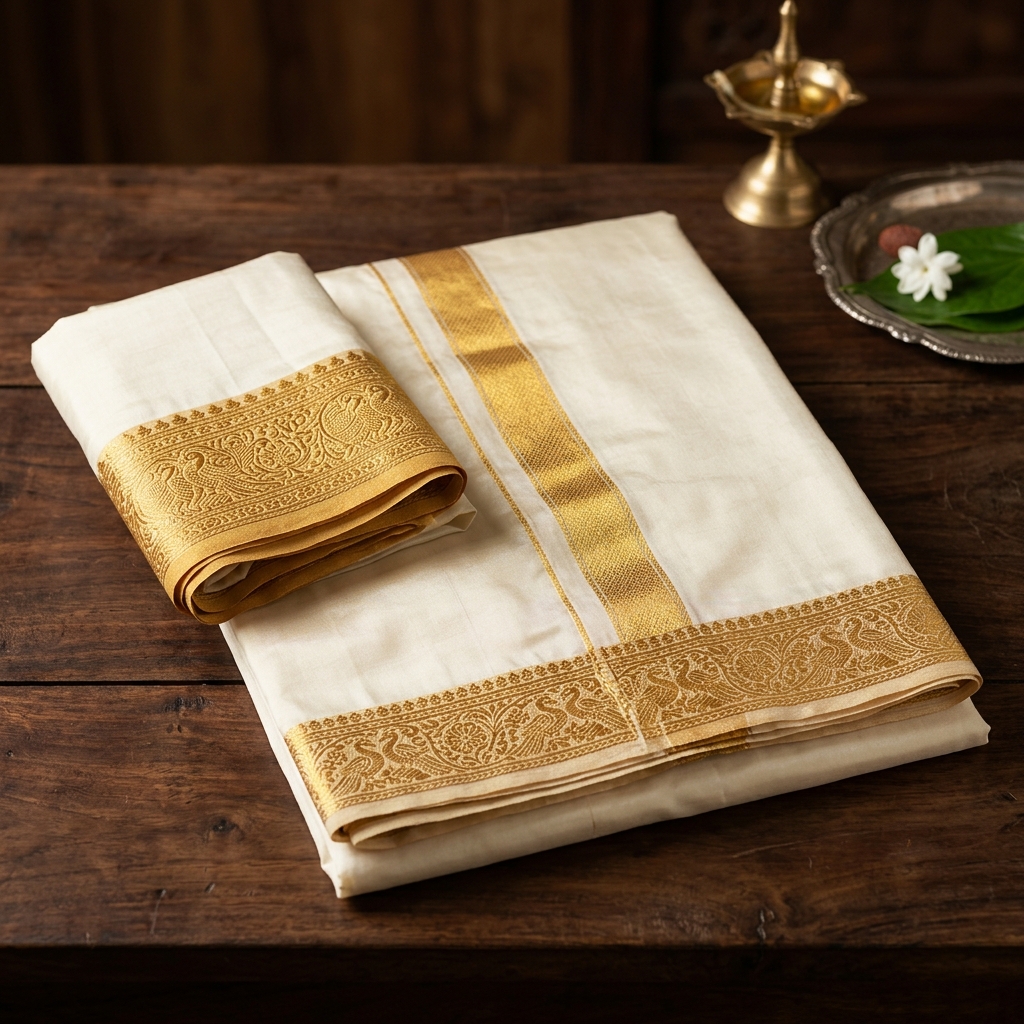 Deva Pattu Silk Dhoti Set — White and Gold