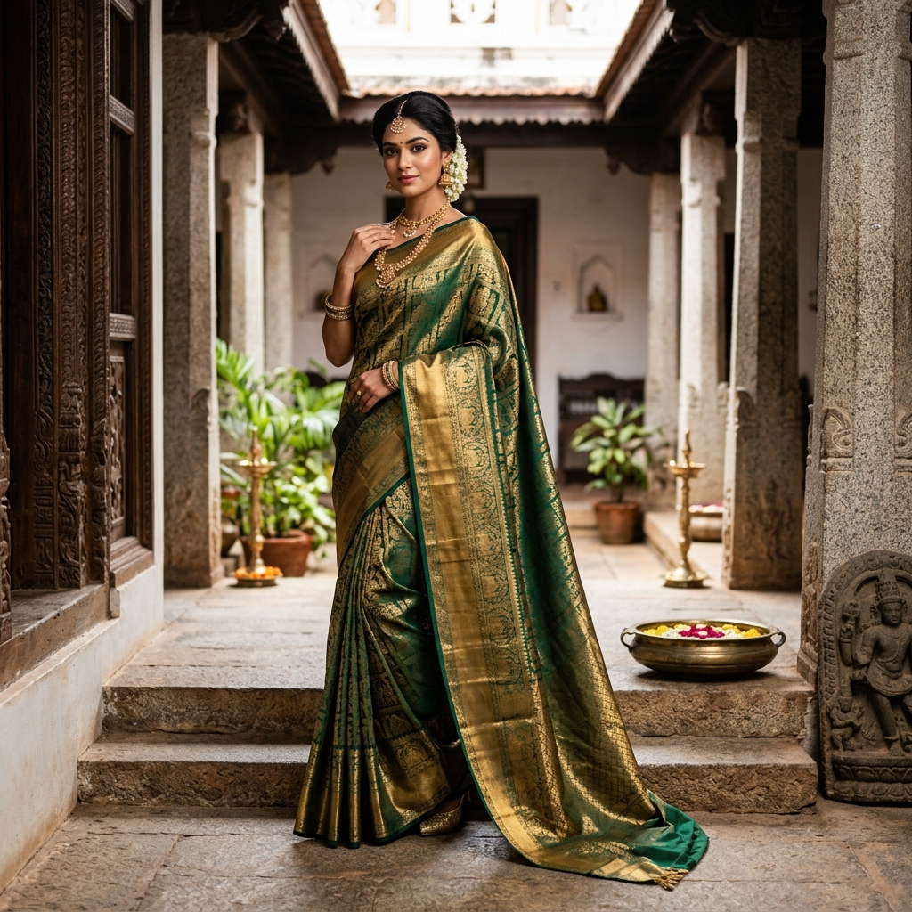 Nilambari Banarasi Silk Saree — Peacock Blue